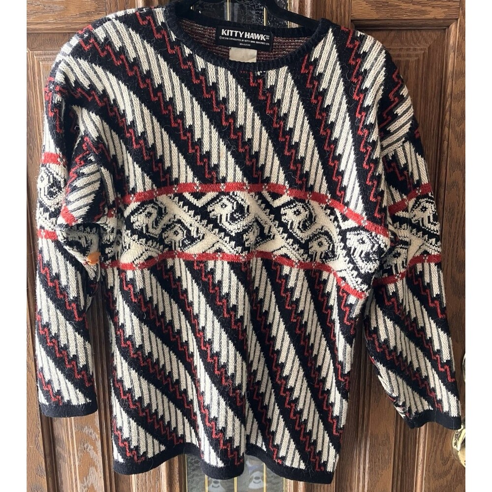 Vintage Kitty Hawk Crewneck Sweater Women's L Chunky Knit Geometric Colorful 80s